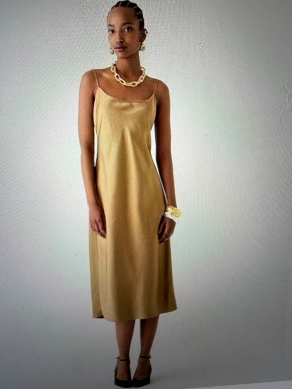 J. Crew Factory Gold Satin Slip Midi Dress with Spaghetti Straps